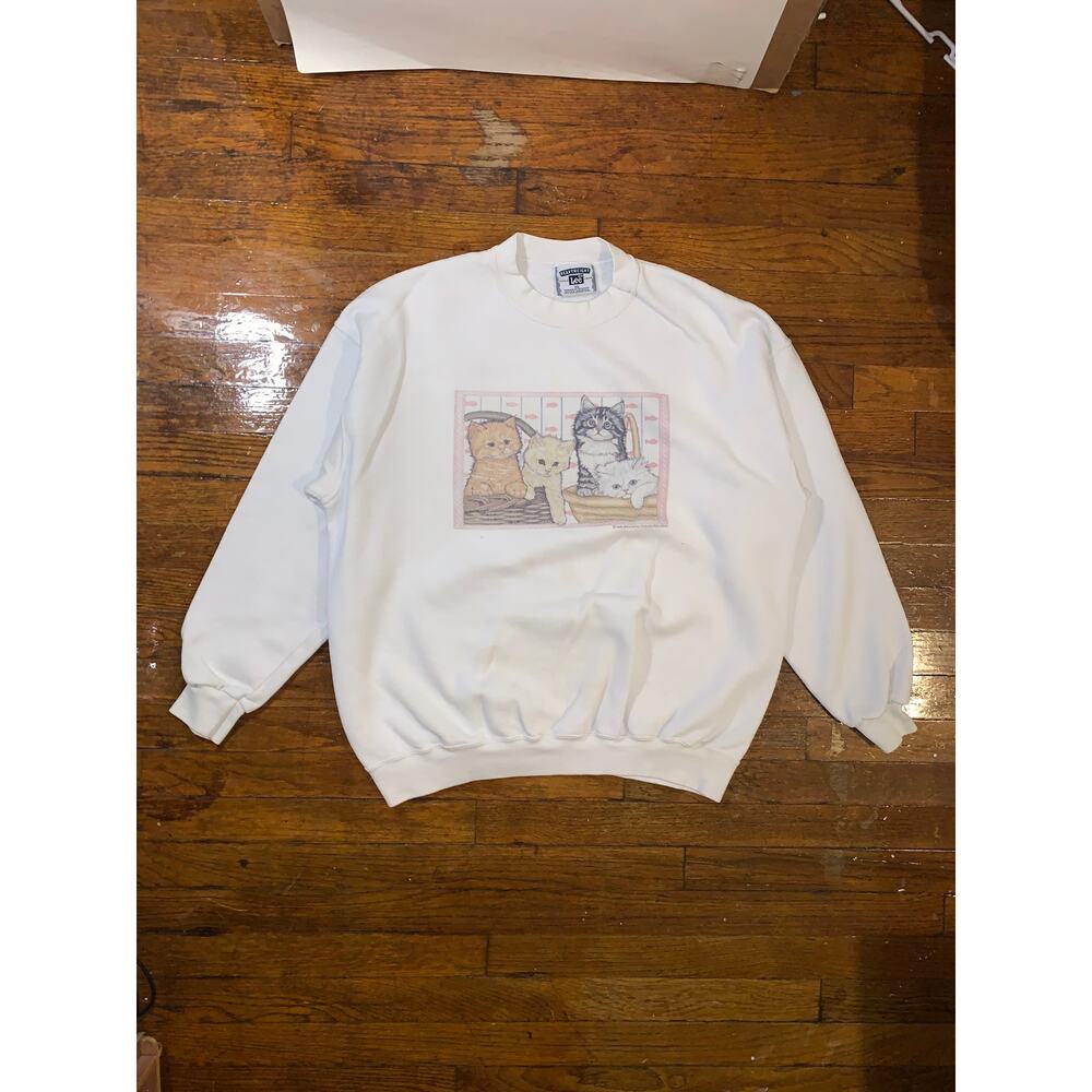Vintage Lee Kittens Cats Graphic Crewneck Sweatshirt White XL